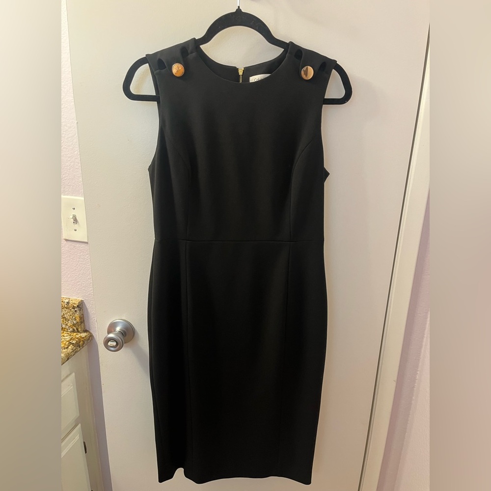 Calvin Klein Black Midi Dress with Gold Accents Like New! Size 10/PTP 18/L 41